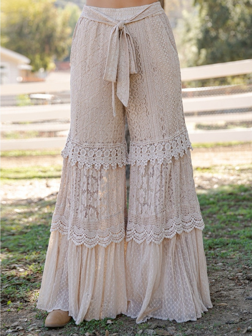 Young threads Boho Lace Tiered Wide-Leg Pants - Cream beige crochet lace